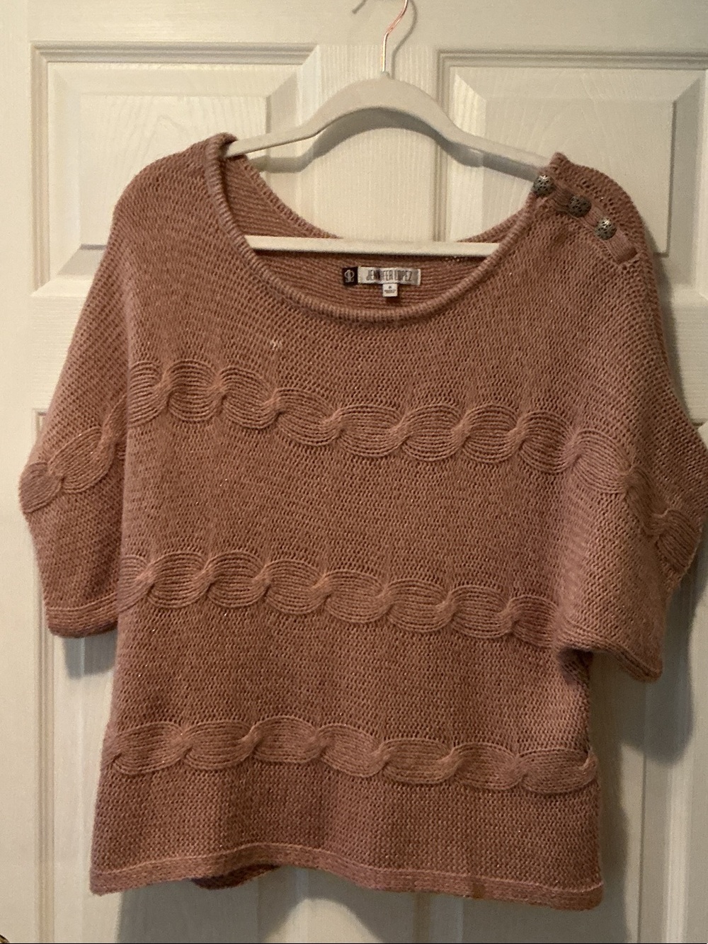 Jennifer Lopez Dusty Rose Cable Short-Sleeve Knit Sweater